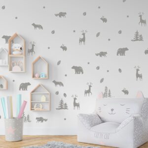 woodland wall decals animals forest bear deer fox pine stickers, lf085