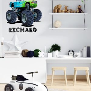 personalized monster truck wall decal, boys room decor, removable vinyl sticker lf096