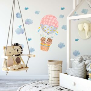 hot air balloon decals bear nursery watercolour forest animal stickers clouds bird, lf108