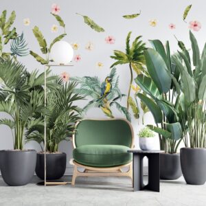 palm tree wall decals tropical leaves banana leaf parrot greenery stickers, lf121