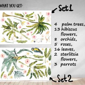 palm tree wall decals tropical leaves banana leaf parrot greenery stickers, lf121