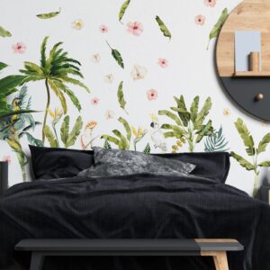 palm tree wall decals tropical leaves banana leaf parrot greenery stickers, lf121