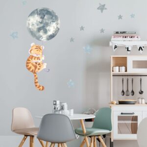 Watercolor Tiger Wall Decal with Moon Balloon and Stars