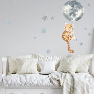 Watercolor Tiger Wall Decal with Moon Balloon and Stars
