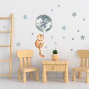 Watercolor Tiger Wall Decal with Moon Balloon and Stars