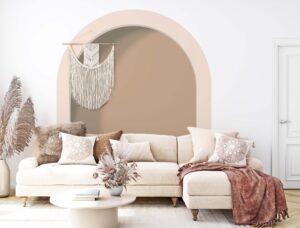 arch headboard shadow decal installed — bedroom feature wall 3D arch shadow effect