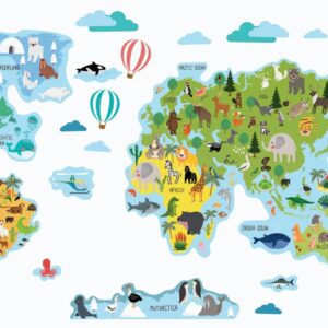 world map wall decal sticker, animals world map for kids room decor lf181