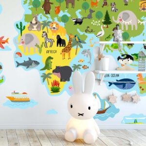 world map wall decal sticker, animals world map for kids room decor lf181
