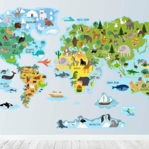 world map wall decal sticker, animals world map for kids room decor lf181
