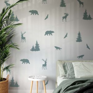 woodland forest animals wall decals stickers bear deer wolf pine tree, lf184