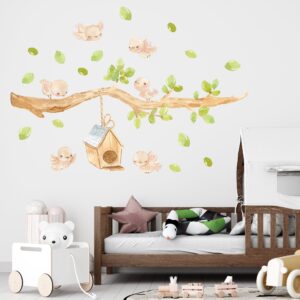 bird wall decals sparrow swallow stickers birdhouse tree greenery, lf214