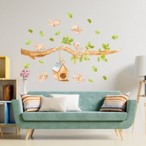 bird wall decals sparrow swallow stickers birdhouse tree greenery, lf214