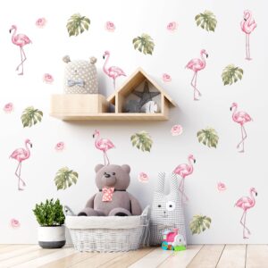 Flamingo Wall Decals Roses Leaves Monstera Stickers