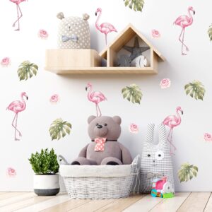 Flamingo Wall Decals Roses Leaves Monstera Stickers