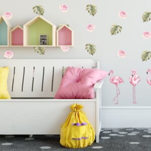 Flamingo Wall Decals Roses Leaves Monstera Stickers