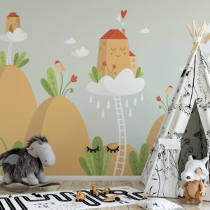 Removable Peel and Stick Wallpaper Clouds Houses Sky