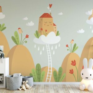 Removable Peel and Stick Wallpaper Clouds Houses Sky