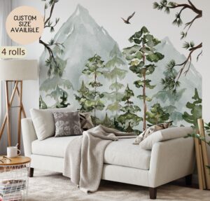 watercolor pine forest mural close-up — soft woodland tones nursery detail
