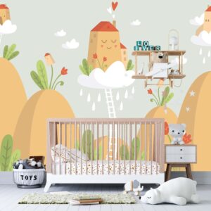 Removable Peel and Stick Wallpaper Clouds Houses Sky