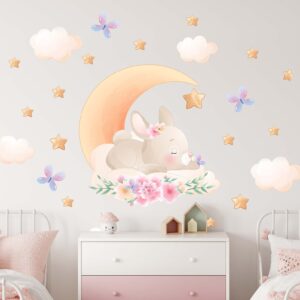 Bunny wall Decal Sleeping Moon Clouds Flowers Nursery