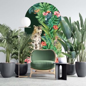 Boho Tropical Arch Wall Decal | Cheetah Cat & Flowers