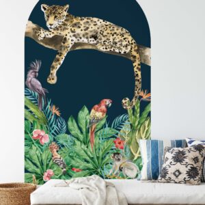 boho arch cheetah cat tropical flowers wall sticker — nursery feature wall arrangement