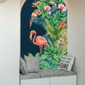 boho arch flamingo decal close-up — tropical flowers botanical arch detail