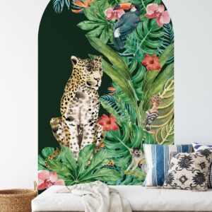 Boho Tropical Arch Wall Decal | Cheetah Cat & Flowers