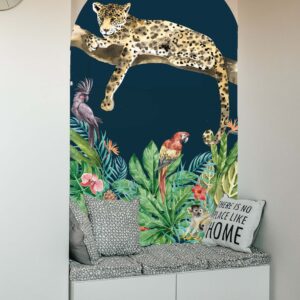 boho arch cheetah decal close-up — tropical flowers cat sticker detail