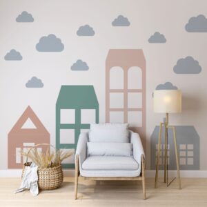 big house wall decal, large home headboard, color block city stickers, nursery houses decor, lf293