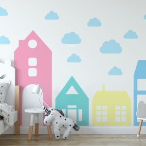 big house wall decal, large home headboard, color block city stickers, nursery houses decor, lf293
