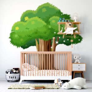 big green tree sticker forest animals wall decals fox hare hedgehog nursery decor, lf348