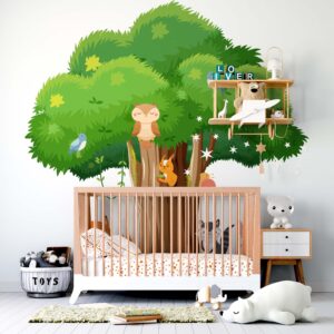 big green tree sticker forest animals wall decals fox hare hedgehog nursery decor, lf348