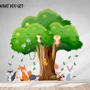 big green tree sticker forest animals wall decals fox hare hedgehog nursery decor, lf348