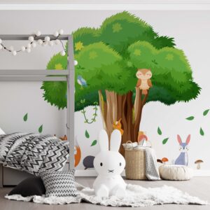 big green tree sticker forest animals wall decals fox hare hedgehog nursery decor, lf348