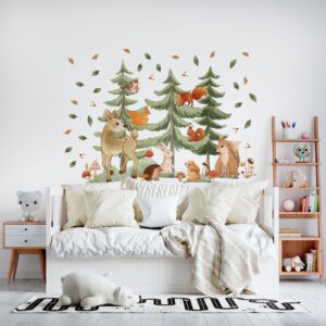 woodland animals nursery wall decals forest deer rabbit fir tree squirrel, lf409