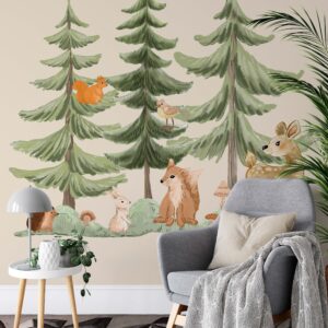 woodland animals nursery wall decals forest deer rabbit fir tree squirrel, lf409