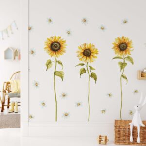 Tall Sunflower Daisy Greenery Wall Decals Yellow Flowers