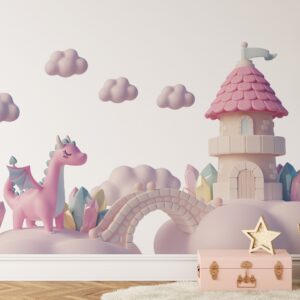 Pink Dragon Wall Stickers Castle Fairy tale Clouds Decals