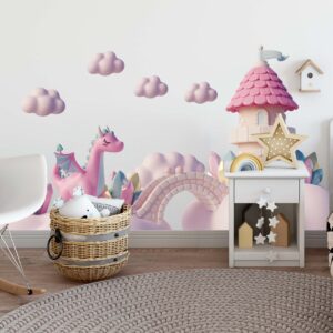 Pink Dragon Wall Stickers Castle Fairy tale Clouds Decals