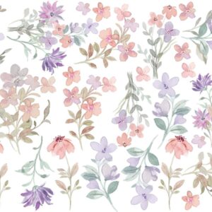 Watercolor Flower Pink Violet Greenery Wall Decals Nature