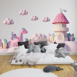 Pink Dragon Wall Stickers Castle Fairy tale Clouds Decals