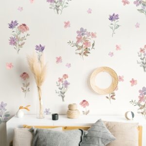 Watercolor Flower Pink Violet Greenery Wall Decals Nature