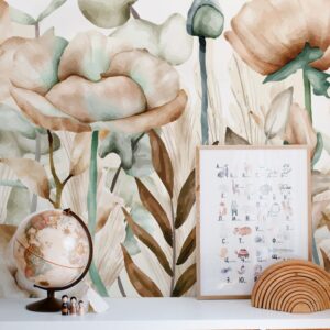 neutral poppy eucalyptus wall stickers: beige floral nursery decor lf559
