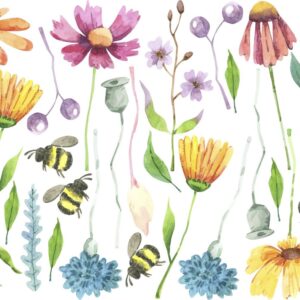Watercolor Field Flowers Wall Decals Nursery Bee Floral