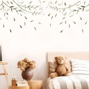 watercolor vine sticker close-up — green floral decal detail vinyl fabric