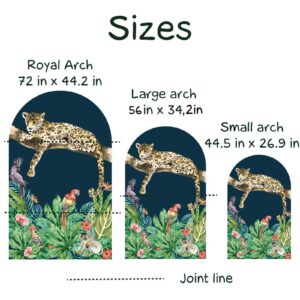 boho arch cheetah tropical flowers wall decal installed in bedroom — large feature arch
