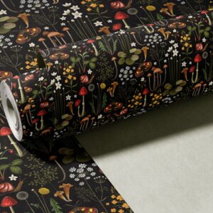 Dark Forest Peel and Stick Wallpaper: Mushroom Floral Mural