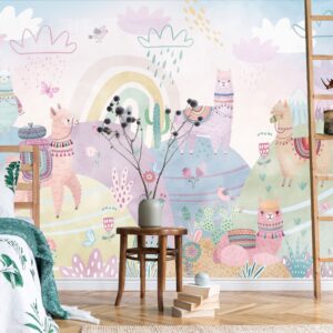 Removable Wallpaper Llamas Rainbows Field Flowers