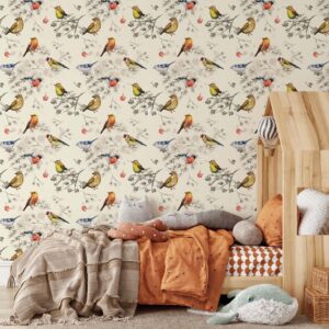 woodland birds wallpaper scandinavian peel and stick colorful removable self adhesive forest mural home decor wall art greenery, nw26